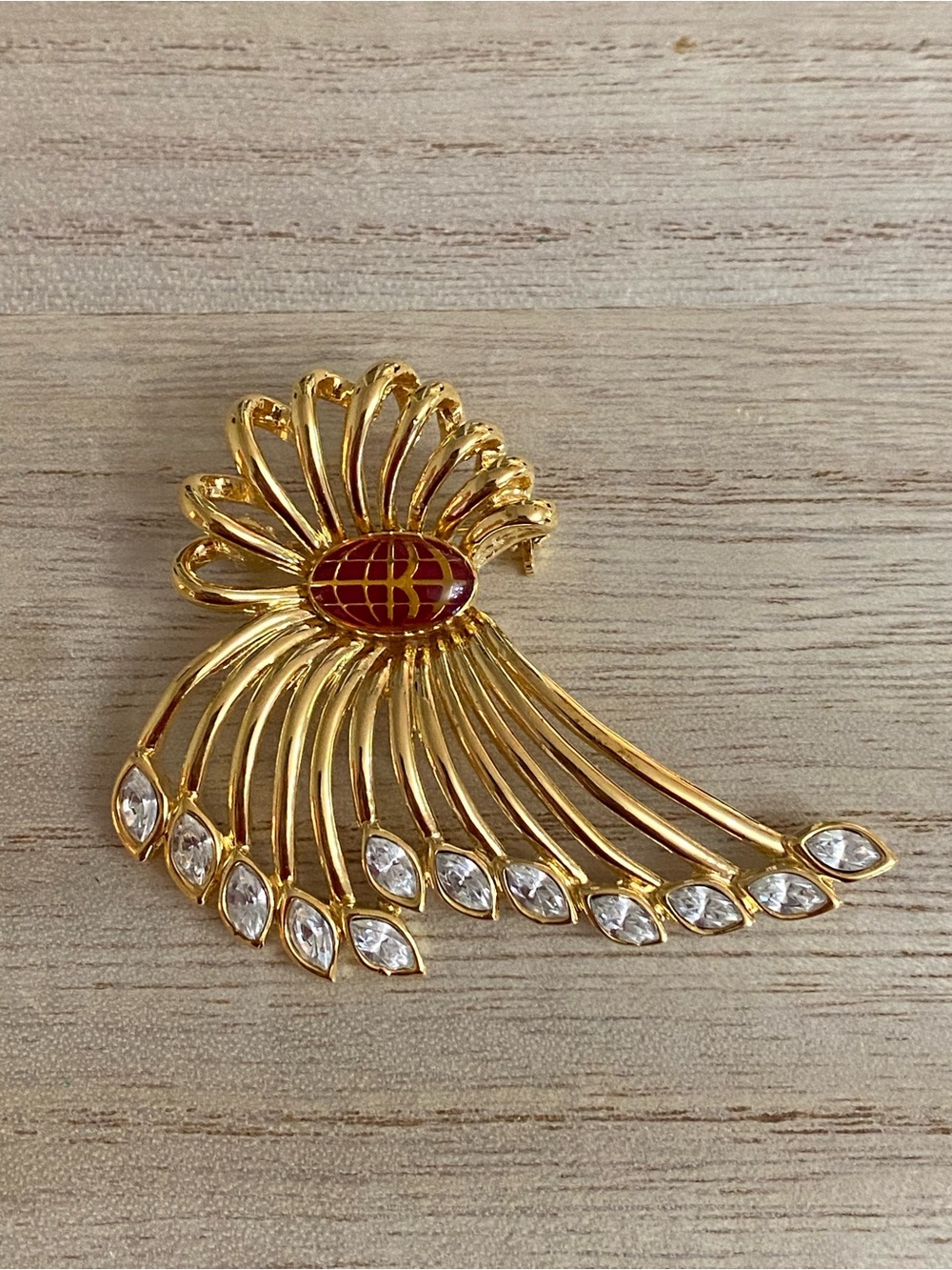 Vintage Gold Tone Crystal & Enamel Spray Statement Brooch - Stylized Globe Motif